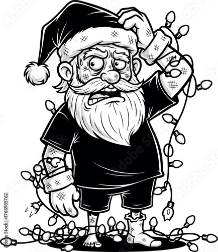 Confused Santa Tangled in Christmas Lights