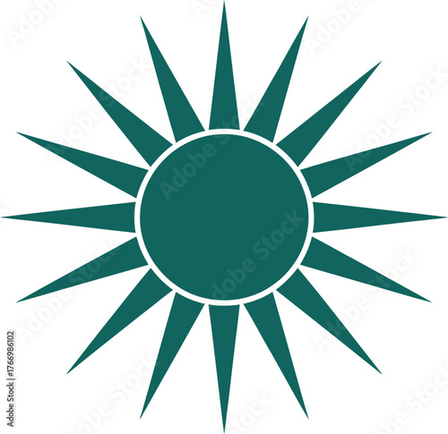 A stylized teal sun symbol with sharp, pointed rays radiates outward from a central circle on a white background.