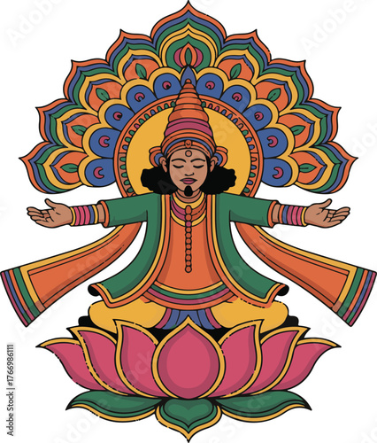 Indian Saint Sitting On Lotus With Open Arms Vector Illustration