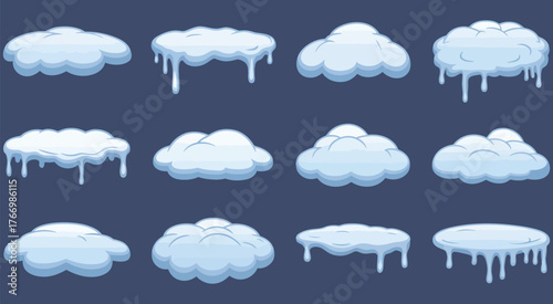 Winter cartoon snow drifts and icicles vector illustration, festive decoration