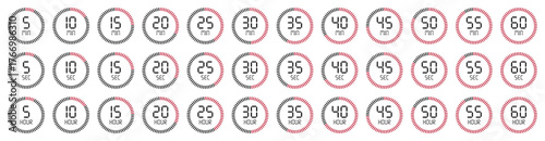 Collection of digital timer countdown icons displaying seconds, minutes, and hours with circular progress bars red, black. Perfect for clock, stopwatch, schedule and productivity or time management.