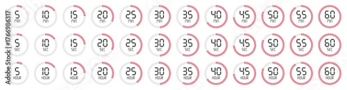 Collection of digital timer countdown icons displaying seconds, minutes, and hours with circular progress bars. Perfect for clock, stopwatch, schedule and productivity or time management.