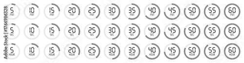 Collection of digital timer countdown icons displaying seconds, minutes, and hours with circular progress bars. Perfect for clock, stopwatch, schedule and productivity or time management designs.