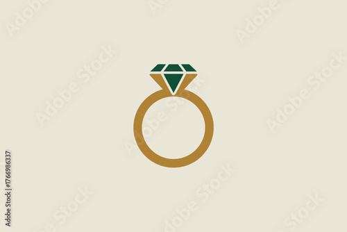 A golden ring with a green diamond sits against a neutral background.