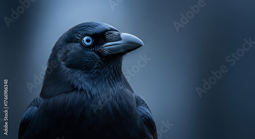 Intense Portrait of a Black Crow with Piercing Eyes.