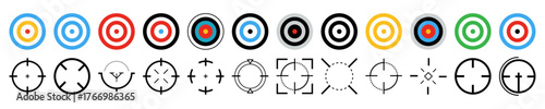 Collection of target and crosshair icons featuring colorful rings and black aim symbols. Ideal for business goals, focus, precision, strategy or shooting design concepts. Vector illustration.