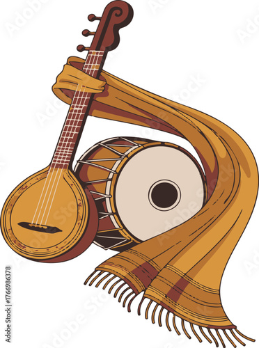Baul Instrument With Scarf Vector Illustration Background
