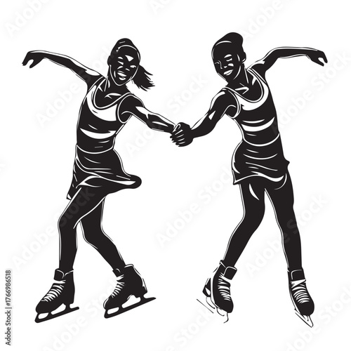 Dynamic silhouette of two young female figure skaters performing a synchronized dance on ice