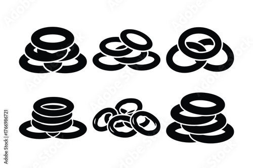 Onion rings silhouette set of crunchy snack icons