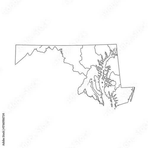 Outline map of the state of Maryland with its rivers and Chesapeake Bay.
