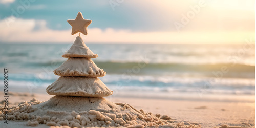 A creative concept of a Christmas tree made of sand on the beach, merging holiday spirit with summer vibes.