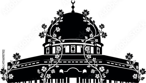 Intricate black and white illustration of a grand dome building with ornate architectural details