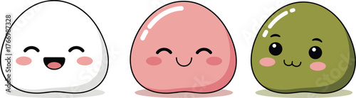 Cute mochi characters, cartoon dumplings, happy expressions, pink cheeks, playful design, kids illustration, kawaii style, pastel colors, joyful mood, emotive art