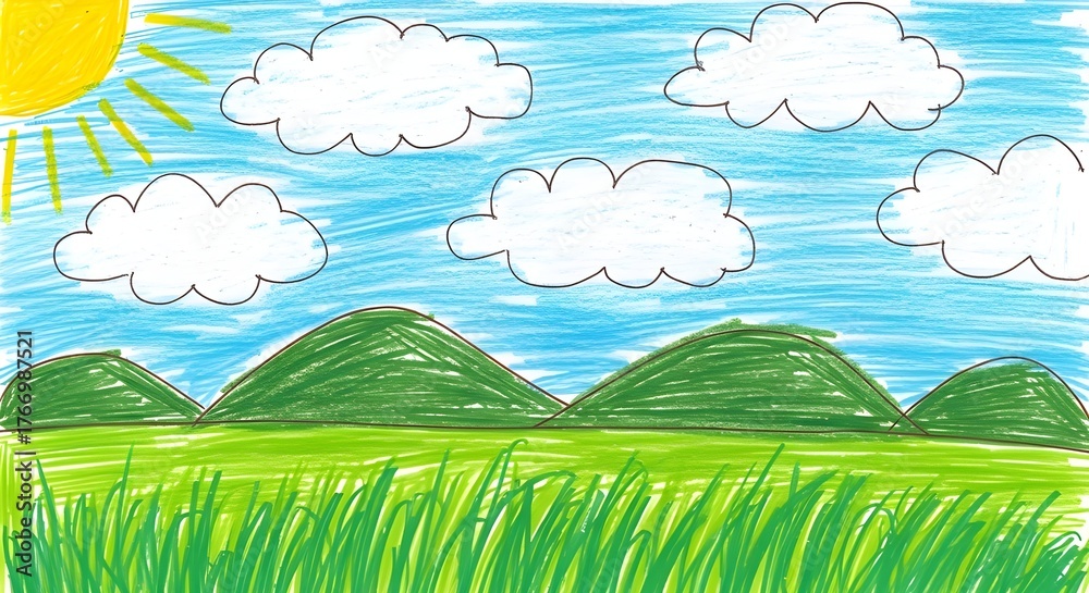 Fototapeta premium A childs drawing depicts a bright sunny day with fluffy white clouds in a blue sky, green rolling hills, and vibrant green grass in the foreground, evoking a sense of simple joy and natures beauty