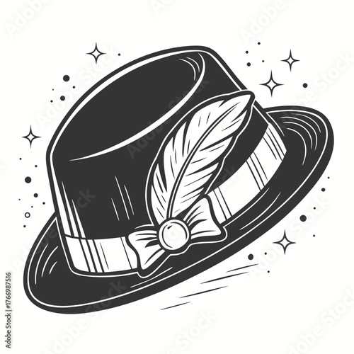 Vintage Fedora Hat With Feather and Sparkles Illustration retro