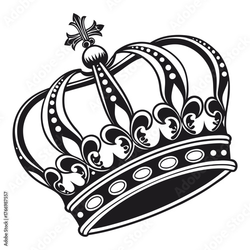 Black and White Stylized Crown with Ornate Scrollwork and Jewels Keywords: crown, black and