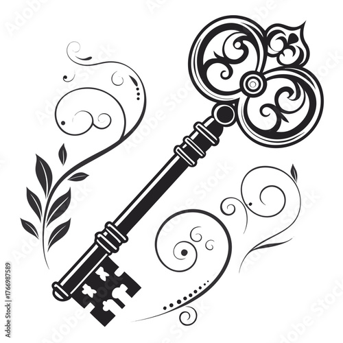 Ornate antique key with swirling decorative elements and leaves vintage lock