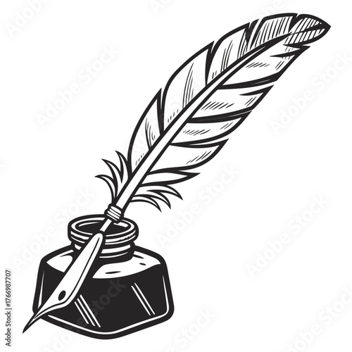 Black and White Quill Pen and Inkwell Illustration on White Background writing vintage
