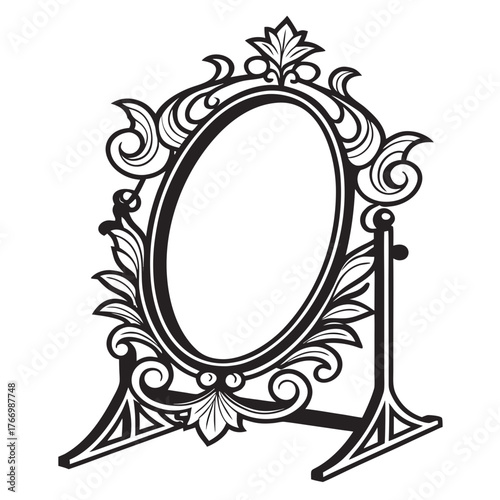 Ornate oval standing vanity mirror with decorative frame and base Keywords: mirror, vanity, oval