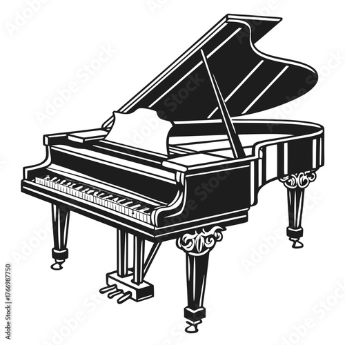 Monochrome Grand Piano Illustration with Open Lid and Keyboard musical instrument