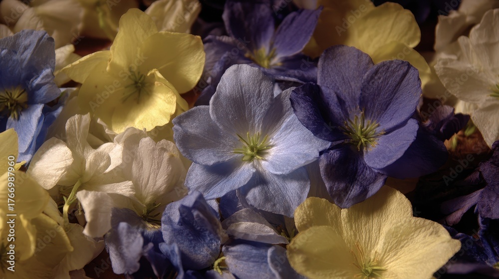 Fototapeta premium A close up view of many delicate blue white and yellow flower petals scattered