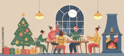 Family Christmas party at home flat vector illustration – people in festive outfits enjoying dinner, raising champagne glasses, laughing, and making a toast during holiday celebration.