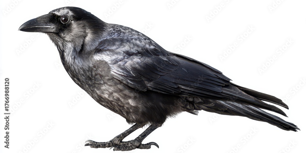Fototapeta premium Detailed view of a grey and black crow with detailed feathers and sharp beak on a white background