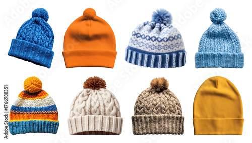 PNG Colorful knitted winter hats collection, element set on transparent background