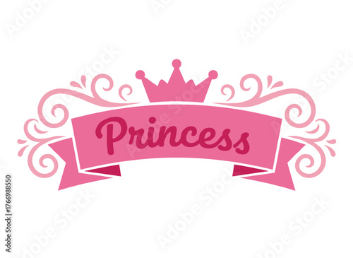 A vector illustration of an abstract, cute princess crown icon, featuring a whimsical, girlish design with a Lol surprise doll-themed decorative banner