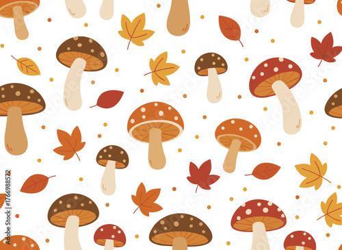 A seamless pattern featuring mushrooms and autumn leaves, rendered as a vector illustration with a background of fall foliage and fungi