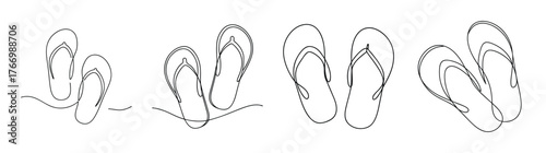 Collection of four stylized line drawing flip-flops in various positions and angles