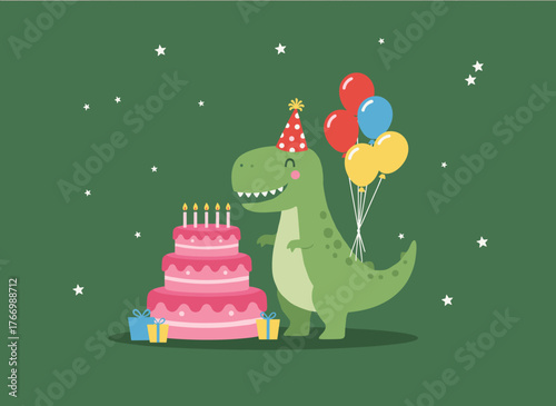 A dinosaur extinguishing birthday cake candles in a holiday-themed vector illustration for a birthday party