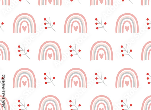 A seamless, boho-style pattern featuring rainbows and hearts, cute and continuous