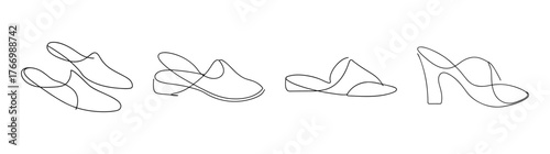Detailed line art drawings of classic mules shoes in various angles