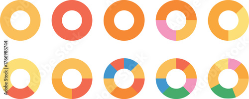 Donut chart icons, colorful data graphics, circular segments, infographic elements, category comparison, analytics design, pie chart style, visual stats