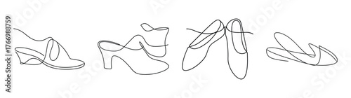 Detailed sketch of four distinct mule shoe designs featuring varying heel heights and strap configurations