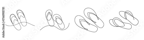 Four stylized sketches of comfortable slip-on house slippers with detailed line work