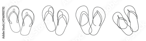 Sketchy outline of four pairs of flip-flop sandals arranged in a row