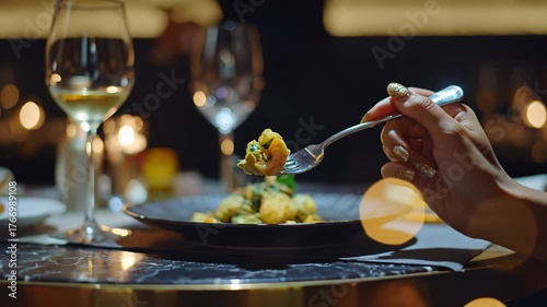 Woman Eating Shrimp Dish With Fork in Luxury Restaurant