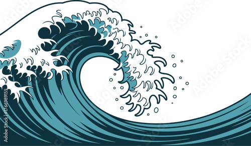 A powerful ocean wave crashes with foamy white crests in a dynamic display of nature's force.