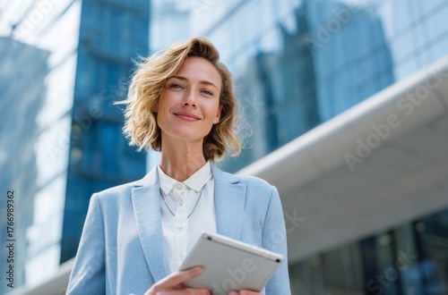 Businesswoman with tablet standing outside corporate office