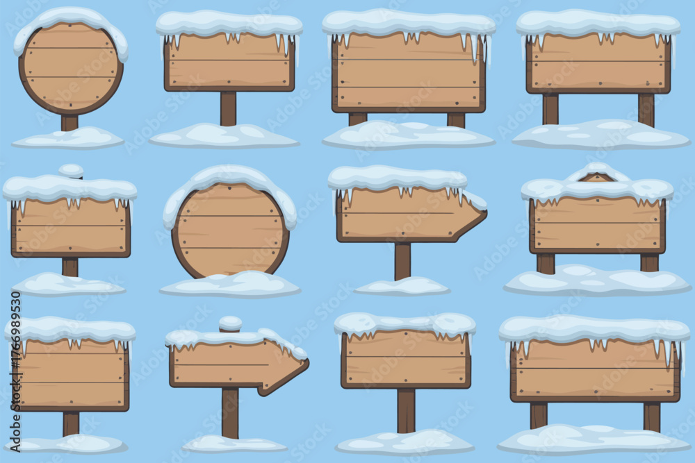 Naklejka premium Winter snow caps, vector flat elements, seasonal holiday decoration, frozen icy shapes, festive design, cold weather illustration, snow-covered decoration, creative wintertime art, cartoon graphic set