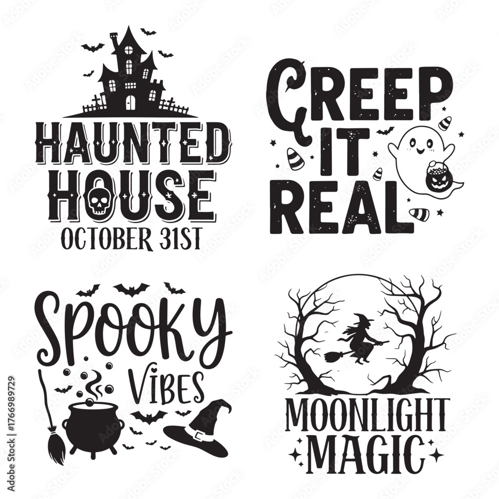 Fototapeta premium Four spooky halloween designs featuring haunted houses ghosts witches and spooky vibes