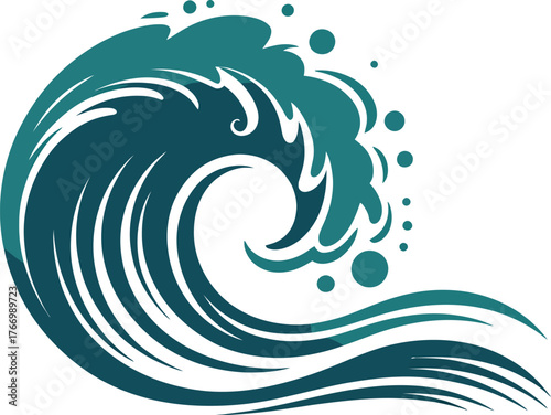 A stylized ocean wave crashes with water droplets and foam in a graphic illustration.