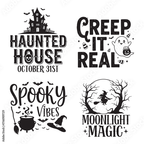 Four spooky halloween designs featuring haunted houses ghosts witches and spooky vibes