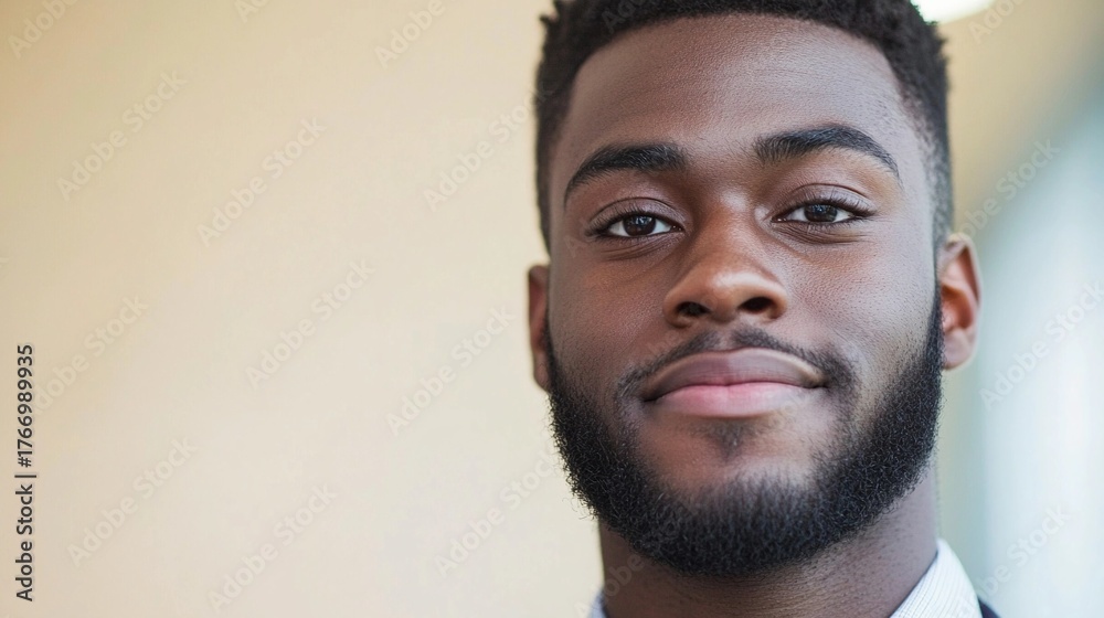 Obraz premium black young man with a confident expression in a professional setting leading a meeting, representing empowerment among emerging leaders, copy space background