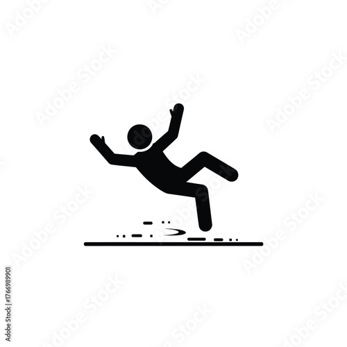 A stick figure falls on a wet surface, illustrating a slip and fall hazard.