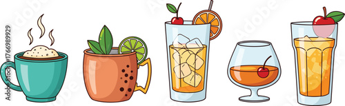 Beverage variety illustration, coffee, tea, cocktail, tropical drink, glassware styles, garnishes, drink icons, hospitality art, refreshment set