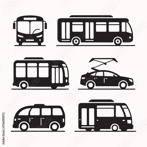 A versatile set of public transport vehicle icons, including various buses, shuttles, and an electric car for urban mobility concepts