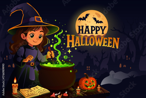 Halloween illustration of cute witch in pointy hat holding spell book and cauldron with potion